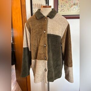 VINTAGE: Patchwork Faux Shearling Teddy Shirt Jacket *SZ.S (GREEN-MULTI)